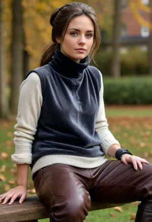 (masterpiece, best quality:1.2), 1 czech 35yo woman, (faded anthracite baggy velvet turtleneckneck shirt, down vest, leather pants:1.4), outdoors, longest brunette hair, hair combed back to tight ponytail, knitted beanie, green eyes, in sunny cold autumn bohemian castle park, photorealism, she is relaxing on a bench, flat, chested, down, vest, puffer, <lora:style_lora_realis:.5>, <lora:flat_chested_v3.5:.5>, <lora:Puffer_Vest_SDXL_V1:.8>