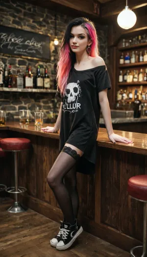 score_9, score_8_up, score_8, score_7_up, score_7, Expressiveh, masterpiece, best quality, raw photoshoot, dynamic lighting, volumetric lighting, cinematic lighting, depth of field, BREAK 1 young emo woman, perfect eyes, 1 girl, (small breasts), perfect hands, (bedroom), (very voluminous black hair with pink highlights), (loose off the shoulder t shirt), (black very long t-shirt), falling off shoulder, oversized black t shirt, neckline hanging down, downblouse, (black lace garter stockings), (gumshoes:1.1), sggirl, emo, pale, cold, lighting, BREAK detailed face, sexy face, naughty face, detailed eyes, adorable eyes, feminine thin eyebrows, BREAK perfect hands, detailed hands, perfect fingers, detailed fingers, BREAK horny, eager look, seductive smirk, BREAK standing, one leg bent high, looking at viewer, BBREAK solo, side view, BREAK night club background, indoor, modern, bar, bar counter, detailed background, <lora:SG_emo_girl_SDXL:.7>