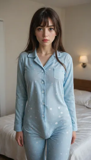 Futanari, long hair, bangs, hinata, freckles, thick lips, beautiful face, looking at viewer, blue eyes, wet lips, bottomless, wide hips, polka dot pajamas, blue and white polka dots, skin tight pajamas, soft lighting, bedroom, standing, lcock bulge, panty bulge, bulge, penis visible under clothes