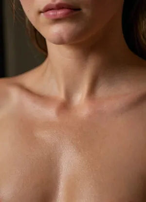A macro view of a woman’s collarbone, Warm cinematic lighting. Her skin is covered in Goosebumps, <lora:Sweaty_Realism_4-000006:.8>