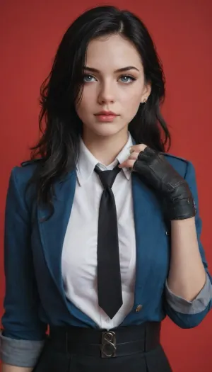 masterpiece, Very beautiful Yennefer of Vengerberg, best quality, amazing quality, sharp details, vivid color, 1girl, fingerless gloves, black necktie, black gloves, medium breasts, white shirt, looking at viewer, upper body, black skirt, collared shirt, closed mouth, hand on own chest, bright pupils, white pupils, open clothes, two-tone background, red background, simple background, hand up, blue jacket, blunt bangs, mechanical arms, <lora:milkers_v2:.6>, <lora:Miyabi Hoshimi:.8>