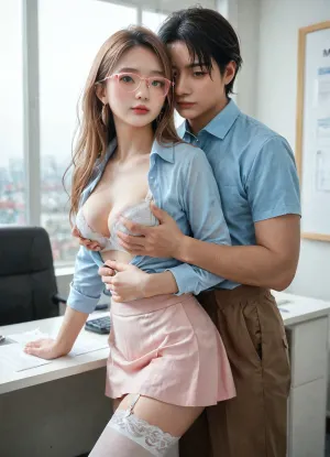 Photorealistic, ultra detailed, 19 year old Chinese woman, thin body, green eyes, small mouth, medium breasts, long blond hair, wearing pink square glasses, light blue shirt unbuttoned, white bra, light pink short skirt, white stockings, white garter belt, in office, Chinese man light blue shirt and brown pants, man hugging woman breasts, yeonhwa, <lora:LoRA-girls-sdxl-v4:1.5>, <lora:sullyoonxl:2>