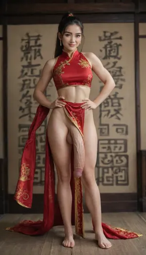 a Chinese woman with huge penis, having a yinyang symbol pattern visible tattoo on her belly, brunette hair, ponytail, warm smile, athletic body, abs, muscular definition, dynamic pose, hands on hips, waist level shot, detailed background of a ancient chinese room, full body view, erect futa, erect penis, testicles, erection, tang, style, dynasty, high detailed body, high detailed clothes, photorealistic, ultra high res, woman, wearing partially undressed Kung fu style ancient Chinese robes and ancient Chinese skirt, bare feet