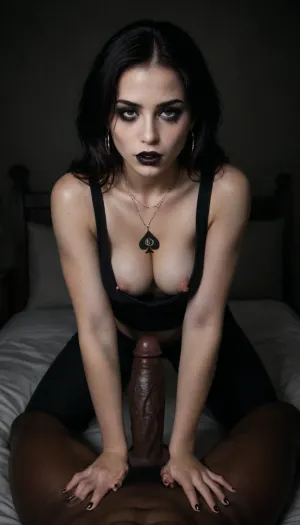 (Interracial), Masterpiece level quality, ultra realistic, Solo Girl, (1GIRL), ((Death of the Endless:1.5)), SHE’S RESTING ON ALL FOURS in a messy white bed sucking a black cock, She is a very attractive, (pale goth girl), (she has porcelain skin), and dressed in a black tank top and black trousers. She is rolling down her black trousers to reveal delicate white lingerie. She has her hand pulling down her black tank top and playing with her nipple., (pierced nipples), ((She wears a queen of spades chain around her neck)), She is pleasant, kind, down-to-earth, perky, perfect face, sexy, beautiful, and jet-black hair styled in a choppy, tousled cut that frames her delicate, symmetrical cute face., ((glamorous goth makeup, black lipstick)), (((very white skin))), slut, bimbo, cute tummy, medium breasts, top stretched by breasts, perky breasts, no bra, (queen of spades tattoo middle of chest), perfect hands, small hands, downblouse, nipslip, raw, lighting, overexposed, harsh, flash, <lora:RealDownblouseXL2:.8>, <lora:dark:.2>, <lora:Rawfully Stylish v0.2_epoch_20:.8>