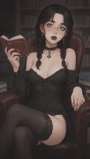 girl, 20 years old, ((naive face, blushing)), (glasses, blue eyes), ((glamorous goth makeup, black lipstick)), petite little body, (jet-black long hair), (braids), beautiful face, big round eyes, beautiful hair, medium firm round breasts, see-through pierced nipples, stunning quality, (short black a-line dress), ((beautiful smooth vagina visible)), (queen of spades tattoo above vagina), toned legs, (long black stockings, black thong pulled to side), (sitting on chair reading book at library, looking at the camera), legs crossed, perfect eyes, (Outline), (cartoon), tooned, cartoon, low color palette, painted, no gradients, incase style, concept, retro, futuristic, flat colors, masterpiece, <lora:ratatatat74-000050:.9>, <lora:outline_xl_kohaku_delta_spv5x:.5>, <lora:cartoon_stickers_xl_v1:.6>, <lora:NEOTOKIOXL_0.2_RC:.4>, <lora:DetailedEyes_V3:.6>