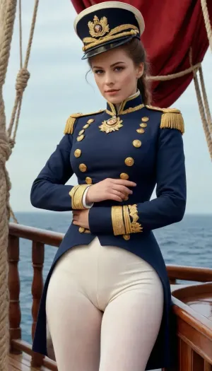 Sexy female nude British admiral in formal naval uniform in 1880 without briefs and trousers, nude butt view, nude pussy showing upskirt camera, on the deck of a sailing ship, (((huge natural breasts))), (((cleavage))), A formal British naval sexy uniform for an admiral in 1880 typically featured a dark blue double-breasted tailcoat with gold epaulettes on the shoulders, signifying rank. The coat had gold braiding and decorative buttons, with a high collar and a standing, military-style neck. For a woman, the uniform would retain these elements, adapted for a more feminine form. The coat would be tailored to fit the waist and flared at the hips, while a fitted, high-neck blouse would be worn beneath. She would wear a white skirt or trousers, with gold-trimmed boots and a wide-brimmed naval hat adorned with a gold band.