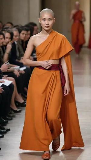 A bald 18-year-old Tibetan nun, dressed in a traditional saffron one-shouldered monk's kasaya, walks the high-end runway at Milan Fashion Week. The model posing, (modeling), receives applause from the public. She walks like a model, very determined and sure of herself. The camera captures her image as a self-confident woman. The cameramen photograph her and applaud her.