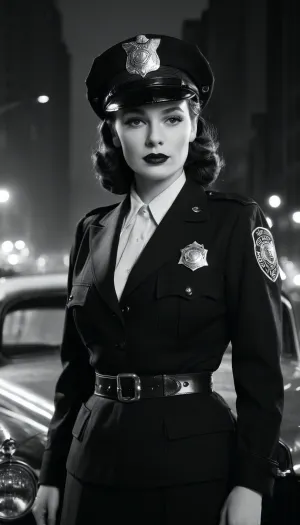 (Monochrome photograph:1.5), Beautiful female 1940s Chicago police officer, confident and composed with classic mid-century elegance. Slim but strong build, fair skin, bold lipstick, neatly styled 1940s hair tucked under a police cap. Wearing an authentic 1940s Chicago police uniform, navy jacket with brass buttons, badge pinned to chest, skirt or slacks with leather belt and holster. Standing on a rainy Chicago street at night beside a vintage patrol car, smoke rising from a manhole. Shot in authentic 1940s photography style, black and white, grainy film texture, subtle sepia tones, soft focus, dramatic noir lighting, realistic period accuracy.