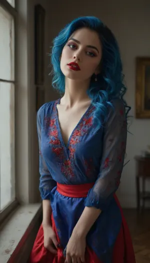 A stunning painting of a woman with cascading voluminous wavy blue hair that flows down her back. She is dressed in a vibrant blue blouse with a deep V-neckline and a red skirt adorned with intricate embroidery. The setting is a spacious, well-lit room with white walls and a window that allows natural light to flood in. Golden streaks adorn the walls, possibly paint splatters or decorative elements. The woman's bold makeup features prominent blue eyeshadow and red lipstick, adding to the cinematic and fashionable feel of the image., cinematic, painting, fashion, vibrant, photo