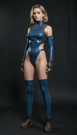Fallout, Vault Girl, blue jumpsuit with leather shoulder harness and leather protective pads, long legs, symbolism, full-length, sketch, graphic, gray-brown, black background, cell-shading, traces of movement visualization, acceleration effect, Wet watercolor sketch streaks, Cyberpunk, Grunge, The harsh strokes of eroticart, Arush Votsmush