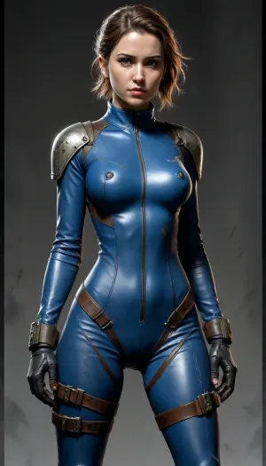 Fallout, Vault Girl, blue jumpsuit with leather shoulder harness and leather protective pads, long legs, symbolism, full-length, sketch, graphic, gray-brown, black background, cell-shading, traces of movement visualization, acceleration effect, Wet watercolor sketch streaks, Cyberpunk, Grunge, The harsh strokes of eroticart, Arush Votsmush