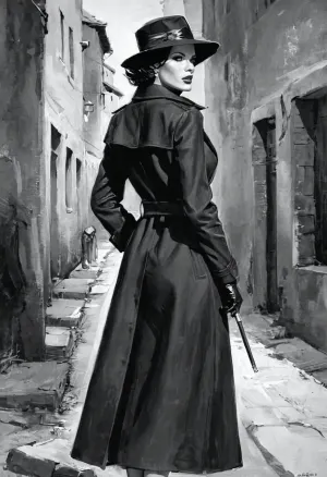 Greg Tocchini colored technical drawing showcasing a woman, face of Veronica Avluv, fantasy art style, female slender, bobcut bangs, sinister smile, long fangs, black hair, breathtaking digital art, trending on artstation, by atey ghailan, by greg rutkowski, by greg tocchini, by james gilleard, 8k, high resolution, best quality, natural beauty, big butt, 50 years old, nude full body, long black coat, city night abandoned, Chanel hat, holding a cigarette, annotation details, masterpiece black and white, pencil strokes, annotated technical concept art sketch, pencil texture, Confused, confused, puzzled, unsure, bichu, oil, painting, <lora:woodcut:.5>, <lora:oil painting:.5>