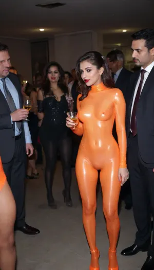 Indian Bengali woman, 18 years old young Beautiful sexy bengali sexy married wife, prominent sexy face, mediam breasts, high tied up hair, (smile:.7), (clothing, (micro mini very short length, fully transparent glowing sparkling neon orange latex t-neck bodysuit pantyhose, pantimedias, with a businessman who is in business suit, holding the business man's hand, in night on a crowded skyscraper terrace party hair up, face view), hands in she back, rip pantimedias, (rip:.5), talking with a male man, crowded midnight club, high makeup, maskara, dark black lipstick, bindi, junk jewellery), network night skyscrapers view in background, standing among the crowd, full body portrait, high stiletto heels, among the crowd, drinking whisky from glass properly holding the whisky glass in hand, closeup pussy view