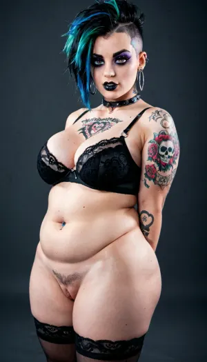 1girl, nsfw, heavy makeup, b34t4, tattoos, piercings, colored hair, elements from various subcultures like punk and goth, breasts, pussy, excessive pubic hair, good looking woman, chubby, plump, soft body, curvy waist, ass, thicc, goth, gf, thick, gothic, girl, wearing black lingerie, <lora:Thicc_Goth_Gf:.8>, cute girlfriend, <lora:Flux.Soogsx-step00000450:.8>