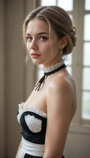 high definition, ultra realistic, masterpiece, (18 years old), (realistic skin texture), ((confident expression)), (extremely beautiful face, perfect body:1.4), seductive woman, soft curled blonde hair, light blue eyes, gothic maid dress, low-cut, thigh-highs, sexy, arched back, (side view), soft warm indoor light, blurred cozy boudoir