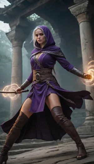 Female elf shadow monk warrior from Dungeons & Dragons 5e, (2024), mid-combat leap. Slim and athletic, sharp elven features, glowing violet eyes, long silver hair whipping in motion, large bimbo breasts. Wearing a hooded cloak of protection glowing faintly with arcane wards, and bracers of defense inscribed with runes. Agile monk armor of dark leather and cloth, designed for stealth. Dual-wielding two enchanted daggers, caught in dynamic motion blur as she spins mid-air. Shadows curl from her body like living tendrils, wrapping around enemies. Background of a ruined temple under moonlight, broken stone columns, glowing magical sigils on the ground. Ultra-realistic high fantasy art, highly detailed, cinematic dramatic lighting, fluid martial arts movement, mystical and deadly atmosphere.