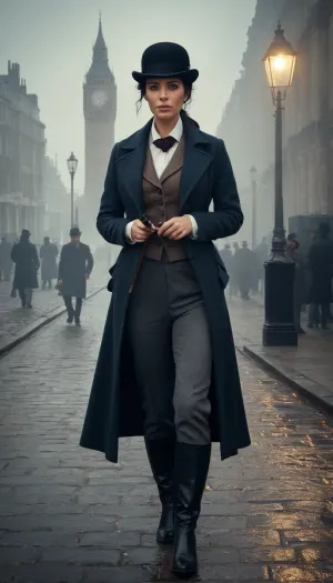 Beautiful female detective inspired by Sherlock Holmes, Victorian London setting. Slim and elegant build, fair skin, sharp intelligent eyes, and dark hair tied up neatly or tucked under a deerstalker hat. Wearing a tailored Victorian-era detective outfit, long fitted coat, waistcoat, crisp shirt, cravat, and trousers with polished boots, carrying a magnifying glass and a pipe. Standing in a foggy cobblestone London street under a gaslamp, Big Ben faintly visible in the mist. Her expression is calm, calculating, and observant, with clues scattered at her feet. Ultra-realistic Victorian detective art, highly detailed, cinematic moody lighting, atmospheric, mysterious, and brilliant.