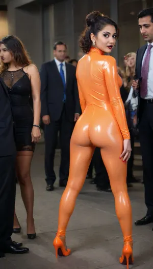 Indian Bengali woman, 18 years old young Beautiful sexy bengali sexy married wife, prominent sexy face, mediam breasts, high tied up hair, (smile:.7), (clothing, (micro mini very short length, fully transparent glowing sparkling neon orange latex t-neck bodysuit pantyhose, pantimedias, with a businessman who is in business suit, holding the business man's hand, in night on a crowded skyscraper terrace party hair up, face view), hands in she back, rip pantimedias, (rip:.5), talking with a male man, crowded midnight club, high makeup, maskara, dark black lipstick, bindi, junk jewellery), network night skyscrapers view in background, standing among the crowd, full body portrait, high stiletto heels, among the crowd, drinking whisky from glass properly holding the whisky glass in hand, crotchless prominent clear fully naked pussy visible, totally naked pussy showing shamelessly, naked vagina