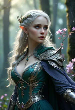 Beautiful female elf warlock, servant of an Archfey patron, regal and otherworldly. Tall and elegant with a slim but powerful build, flawless pale skin with a faint shimmer, sharp angular elven features, long flowing silver hair, and piercing emerald eyes glowing faintly with fey magic, large bimbo breasts. Wearing enchanted ornate plate armor with flowing natural motifs, leaves, vines, and silver filigree, glowing with faint green and violet arcane light. A cloak of deep twilight blue billows behind her. Wielding a glaive with an ethereal crystalline blade that hums with fey power, runes glowing along the shaft. Standing in a moonlit forest clearing where flowers bloom at her feet, glowing will-o’-wisps and faint arcs of faerie fire floating in the air. Ultra-realistic high fantasy art, highly detailed, cinematic magical lighting, atmosphere of beauty, danger, and fey majesty., <lora:MJ52:.8>