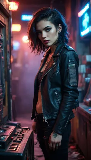 masterpiece, best quality, hyper-realistic, 8k UHD, sharp focus, intricate details, emopunk girl, asymmetrical jet-black choppy hair, smudged dark eyeliner, (pierced lip:1.3), layered torn fishnet sleeves, studded leather jacket, ripped skinny jeans, combat boots, (holding vintage cassette player:1.2), intense melancholic expression, dimly lit underground club, neon graffiti-covered brick walls, (dramatic chiaroscuro lighting:1.4), deep crimson accents, electric blue accents, smoke machine haze, (leaning against broken arcade machine:1.1), shallow depth of field, film grain texture, analog photography style, Kodak Portra 800, (raw emotional atmosphere:1.5), cinematic composition, subsurface scattering, volumetric lighting, detailed skin texture, realistic fabric folds, <lora:Vivid Midjourney mimic - XL SDXL v2.0:.8>, <lora:Creat0r_MagicDetailzV2_FIX:.8>