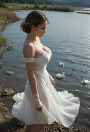 (England young woman:1.5), side cut short hair tied, giant breasts, athletic, hourglass, tall slender, see-through maiden irish dress, lace gloves, (wind:1.3), side view, high angle shot, stand front of lake, lotus in the lake, swan, sunlight, shadow