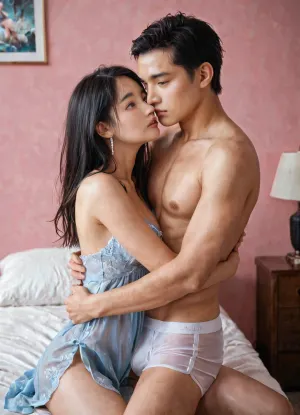 Photorealistic, ultra detailed, 19 year old Chinese woman, thin body, blue eyes, small mouth, medium breasts, long black hair, straight hair, light blue sexy sleeveless short night gown, no panty, girly pink wall bedroom, Chinese man white boxer, man topless, man hugging woman, <lora:CoraXL:.8>