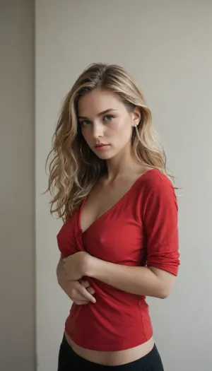 RAW photo, portrait of a beautiful blonde woman wearing a red shirt, full body view, (high detailed skin:1.2), 8k uhd, dslr, soft lighting, high quality, film grain, Fujifilm XT3, suckingherownnipple, holding, her, breasts, <lora:SHONXplicitContent:.8>