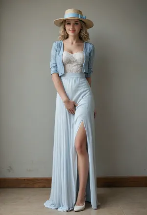 A woman with blonde hair and a serene expression. Her facial features are highly detailed, with clear, striking blue eyes, a subtle hint of a smile on her lips, and a smooth complexion. She is wearing a light blue pinstripe jacket, a white shirt with a bow, and a white cloche hat. maxi dress., (no man), 2, (fullheight:2), (alone:2), (masturbating:2), (raised dress)