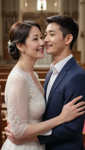 (woman mature:1.9), Asian, korean, korean 1girl and 1boy, Fond mother and son, Smile, family photo, happy family, (60yo Korean milf mom and son high school student), divorced family mom and son, hairson love mom, broken families, son high school student, cute Smile son, son tiny high school student, son high school student short hair, mother's son in the family, single-parent family, wedding dress, gorgeous church, veil