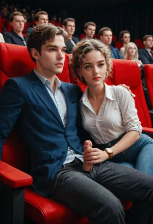 A man and a Woman are sitting in a movie theater. Both are 18 years old. Both are fully clothed. The young man's pants are open. He has a normal penis. She is holding his erect penis in her hand while they both watch the movie.