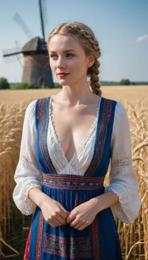 a blonde woman is walking though a wheat field, she is looking thoughtful while walking but happy. The character is a woman a white women with pale skin and blonde hair and blue eyes and multiple braids, She is wearing a vibrant Ukrainian Vyshivanka dress with intricate patterns blue dress, and her lips are painted a striking red. She is showing a deep cleavage, plunging neckline, downblouse. She is holding Wheat Bunch. Behind her, a windmill is visible in the distance with four blades moving, the whole image has strong summer theme and is outdoors in the country side golden light with a blue sky