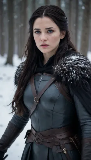 A stoic female warrior inspired by Jon Snow, standing in a snowy battlefield with a solemn, determined expression. She has long dark hair flowing in the wind, pale skin, and sharp, noble features. She wears a black fur cloak over dark leather armor, with a sword resembling Longclaw strapped at her side. Snowflakes drift around her as she gazes into the distance, a mix of strength and vulnerability in her eyes. The scene is cinematic, dramatic, highly detailed, with cold blue-gray tones and epic fantasy atmosphere.