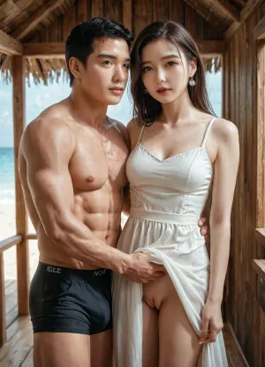 Photorealistic, ultra detailed, 19 year old Korean beauty, thin body, green eyes, small mouth, medium breasts, long brunette hair, wearing white summer gown, in beach resort room, lift dress up to reveal pussy, chinese muscular man in black boxers hugging woman, IU_Lee, ohwx, woman, <lora:IU_leejieun_SDXL:2>, c0zy, b34ch, hut, <lora:c0zy_b34ch_hut:.8>