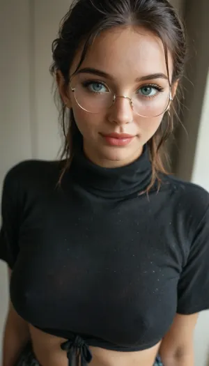 view from above and side, looking down at her, cute goth with large glasses and tied hair, ((black turtle neck shirt)), (smiling), skinny, (((large breasts))), score_9, score_8_up, score_7_up, 8k uhd, 1 woman, (dramatic lighting), portrait, close up, <lora:attractive_notrigger:.9>, <lora:MJ52:1.3>