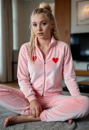 1 swiss 30yo woman, rapper, film charakter Valmira, (she wears a light pink velvet track suit patterned with small red hearts:1.4), indoors in a hotel room, (longest dyed blonde cornrows look hair:1.2), grey eyes, pointed nose and chin, rings on the fingers, medium natural tits, <lora:681678_training_data:.5>, <lora:style_lora_realis:.5>