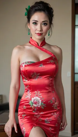 (Mature woman slender), American Milf, model beauty, milf, Asian woman, house wife, 148 pound weight, (42 years-old housewife), middle-aged, (dark brunette messy spiky updo hairstyle), (ivory skin tone), (round face), (messy spiky updo hair style), (wearing her hair in a messy spiky updo hairstyle), full-beach outside resort view, beach side, sunny, (fully clothed), seductive stare, sexy, pink lipstick, (beautiful Emerald upturned-eyes:1.2), (green eyes), (realistic eyes:1.2), matching eye color, (detailed eyes:1.5), (big eyes:1.2), (upturned eyes), beautiful face, wrinkles, hoop earrings, super realistic, skin stretch, (dark circles under eyes), old skin, spots with skin marks, (huge sagging-breasts), massive breasts, detailed skin, pretty fingers, realistic hands, realistic toes, realistic fingers, full-body view, qipao, (elegant silk rouge-qipao long dress), (she just has four fingers and a thumb on left hand), (only four fingers and a thumb on right hand), she wearing chunky rouge-leather platform 4-inch ankle strapped open-toed heels, pumps stiletto heels, high heels, heels, open-toed platform chunky heels, she only has two long slender legs, just two arms, full-body photo, elegant, full-view body, full-body view from away, matching red fingernails, same fingernail color, photo taken by photographed from distance, (photo-realistic body), perfect feet, perfect arms, perfect legs, perfect nails pretty finger nails, normal hands, perfect toes, (perfect fingers), slender long legs, sexy figure, sexy legs, full style photo, best quality, silk red tight qipao dress, green irises, realistic-eyes, perfect-eyes, perfect-feet, perfect-hands, airbrush, painting, traditional, media, pinup, high, heel, 19, cm, boots, handslora, hinaigirl, BadX, <lora:398313_training_data:1.9>, <lora:590198_training_data:1.8>, <lora:681678_training_data:1.4>, <lora:MaybeBetterFaceInFullBodyLora_XL_rev3:1.3>