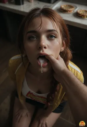 creampie, (ginger hair, two loose braid, straight bangs), perfect tight muscular ass, slightly looking up eyes, ((fucked in mouth)), ((in Mcdonald)), dynamic composition, Best quality, masterpiece, high resolution, detail face, score_9_up, score_8_up, score_7_up, (20yo model), (red hair, two loose braid, straight bangs), (Mc donald logo t-shirt), (yellow worn jacket, fur trimmed), (red miniskirt), (skirt pulled down), high angle, detailxl, <lora:dark:.8>