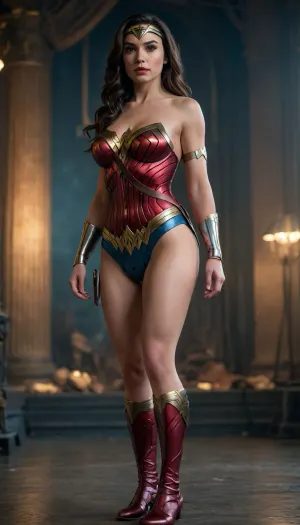 Wonder Woman, big tits, brown eyes, standing, naked, thick lips, narrow waist, phat ass, full body