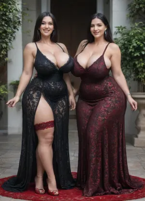 two 40 year old woman, two woman, (big sexy saggy breasts:1.5), large waist area, (two tall and large thigh curvy woman:1.7), very healthy tits, wide hips, round buttocks, (smiling:1.3), chubby, (Layers for Straight black Hair:1.4), full lips, full length, (They are wearing sexy lace dresses:1.8), sexy, (sexy cleavage and visible nipples area:1.2), laugh out loud, Casual sitting, not nude, not naked, (bridal garter:1.2), Walking on the home garden, Casual home garden walk, Strolling along the home garden, home garden walk, Their face is looking at the viewer, red carpet walking