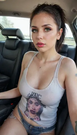 ((woman inside a car wearing sexy worn-out torn cotton tanktop)), daisy dukes unzipped showing pussy, nipslip, black hair, ponytail, pink lipstick, ((detailed realistic face and eyes)), green eyes, medium breasts, cinematic lighting, 8k resolution, (modelshoot style), sunset, (from_below:1.4), natural breasts, covered nipples, YakuzaTattoo, pink-emo, sugarskullfacetattoo, <lora:pink-emo-sx:.8>, <lora:sugarskullfacetattoo_SDXL:.8>, <lora:DarTataBodGPlus:.8>