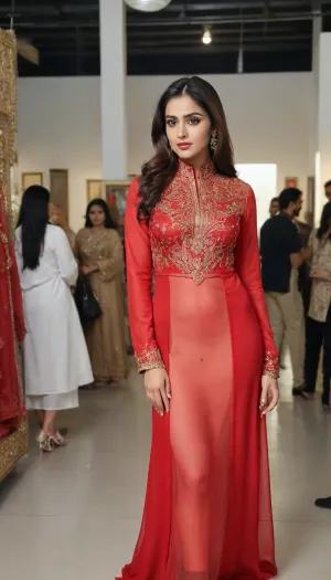 Indian muslim woman, 18 years old young Beautiful sexy muslim sexy married wife, prominent sexy face, mediam breasts, high tied hair, heavy makeup, wearing a fully transparent nylon full-length red abaya with embroidery and high stiletto heels, holding a luxury bag standing in a crowded art exhibition gallery. One man fondeling her ass