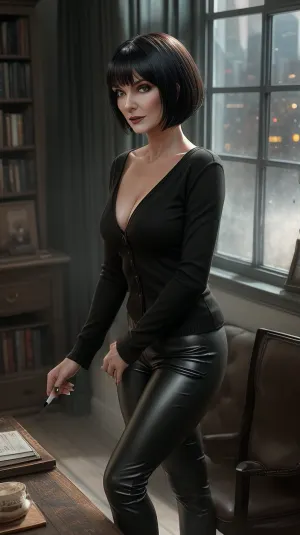 A realistic, atmospheric photo of a mature goth woman in her mid-40s, (Ann), in her apartment. She is standing near a large window overlooking a rainy city at night. She has a sharp bob haircut and is wearing a comfortable but elegant outfit, a simple black cashmere sweater and tight leather pants. She has just taken off her work blazer, which is slung over a chair. Her makeup is dark and perfect. She holds a lit cigarette in one hand, a small stream of smoke curling upwards, and looks over her shoulder at the camera with a calm, knowing, and slightly melancholic expression. The room is filled with books and strange, artistic objects. Moody lighting, realistic textures, 4K.
