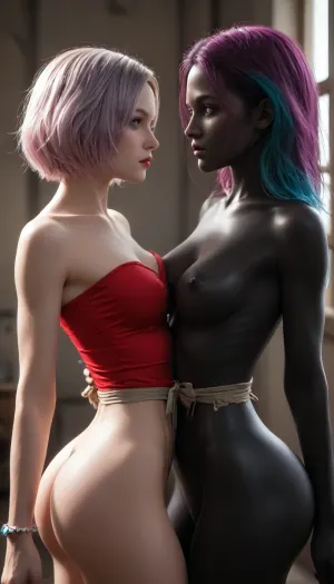 Maya Dicons., ((((Harley Queen)))), ((((African American woman a passionate woman)))), ((1.71 m)), ((((standing relaxed arms)))), (very detailed), ((green eyes)), (She, athletic, with defined abs, (((medium sized, firm breasts))), (((narrow waist, perfectly defined medium to large butt))), curvy hips, light brown, shiny., (Her face is strikingly beautiful), high bones, full cheekbones, full and thick lips, and, ((((short, tousled purple hair with blue highlights tied back with some strands framing her face)))), legs slightly apart, Style, Hyperrealistic Fantasy Art, (High Resolution 8K), Dramatic Lighting, ((((black skin color medium)))), Body proportions, (Defined muscle tone), and Color palette, (dark warm bright dark back), btty, mooning)