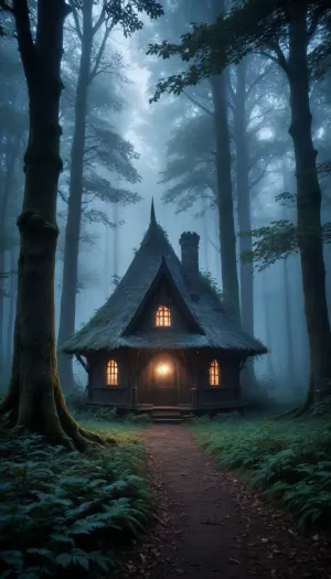 witch hut in dense forest, dense trees, dark gothic style, extremely overgrown, glooming blue light, heavy fog, moody, forest, <lora:363711_training_data:1.7>