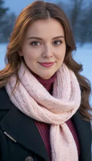 score_9, score_8_up, score_7_up, score_6_up, three-quarter view, ((average girl next door:1.5)), (natural beauty:1.33), a gorgeous 20 year old athletic woman, gorgeous young looking woman, cute, sweet, endearing, charming, realistic detailed eyes, realistic detailed face, realistic detailed skin, stunning brown eyes, fresh face, shy, cute smile, saggy tits, large breasts, vivid colors, gentle seduction, tight and firm body, (extremely long light brown hair), white sweater, turtleneck, winter coat, brown coat, scarf, pink scarf, pale blue miniskirt, pleated miniskirt, black pantyhose, hands together, winter boots, cowboy shot, outdoors, cold, night, winter, snow, falling snow, upper body, close up, parted lips, blush, steam, depth of field, sharp, high contrast, dynamic light 3d view, masterpiece, high detail, ultimate realism, photorealistic