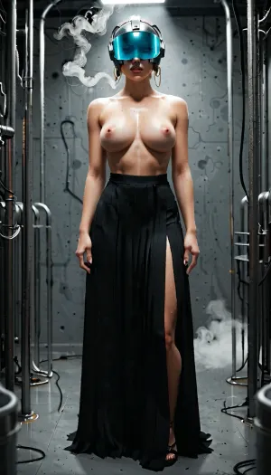 The image shows a nude woman standing in a dimly lit room with pipes and wires in the background. She is wearing a futuristic-looking outfit with a long, flowing skirt and a helmet with a visor. The outfit is black and silver in color and appears to be made of a metallic material. The woman is standing with her hands on her hips and is looking off to the side with a serious expression on her face. The room is filled with smoke and sparks, creating a dramatic and futuristic atmosphere. The overall mood of the image is dark and ominous.