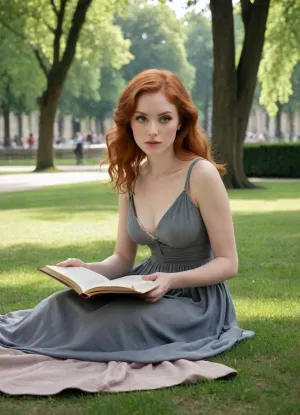 A beautiful red-haired poetess with flowing hair, sitting gracefully on the lush grass in the 1920 Jardin du Luxembourg. She is engrossed in reading a poetry book, her expression serene and contemplative. The scene is set during late afternoon with soft, low light filtering through the dense canopy of trees, casting dappled shadows on her and the surrounding greenery. The atmosphere evokes a peaceful, nostalgic mood reminiscent of early 20th-century Parisian life. The scene captures the vintage elegance of the 1920s, with her elegant attire reflecting the fashion of that era. The style is a romantic, emphasizing warm, muted tones and gentle lighting that highlight the intimate, tranquil moment. The framing is wide, capturing the lush park environment with tall trees and the historic ambiance of the Jardin du Luxembourg, creating a timeless, poetic atmosphere. Perfect eyes, masterpiece, big breast, cleavage, hyper realism, 4k, no blur