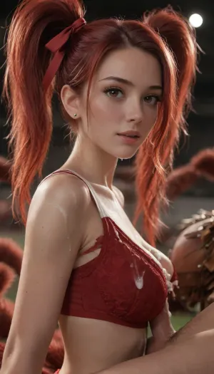 Cheerleader, sports football field, side view, (close up), (((twin tail bright red hair with bright red ribbons))), seductress, (30 yo cum covered beautiful red haired), (wearing cheerleader red bra tank top), (She is giving a titjob), slim body, red eyes, very long hair, looking at the viewer, dark lighting, candle light, eye contact, she is going to fuck you next, 34c breasts, (covered natural breasts:1), cum on tits and face, lots of cum, (horny look, excited, orgasm, moaning:1.2), (ejaculation:1.3), titjob, blowjobtitjob, <lora:add-detail-xl:1>, <lora:sunnyrayyxo_v1_SDXLBase:2>, <lora:283625_training_data:2>