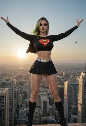 Goth Supergirl, young adult and powerful superheroine, athletic yet feminine build, large bimbo breasts, shaved pussy, long black hair with green highlights, piercing blue eyes, (heavy goth makeup), confident and determined expression. Wearing black and silver gothic Supergirl costume, black fitted top with bold silver 'S' emblem, black skirt, black cape billowing in the wind, black boots, silver belt. Dynamic heroic pose, flying above a city skyline, bright sky and sunlight, cinematic, highly detailed, comic book style realism, epic atmosphere.