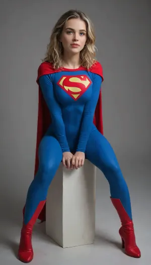 supergirl, supergirl outfit, spunky rambunctious, sexy immaculate, full cover outfit, design outfit sections with tassels, full body outfit tight fitting, superhero posture, body litllle complexion, sitting bent over